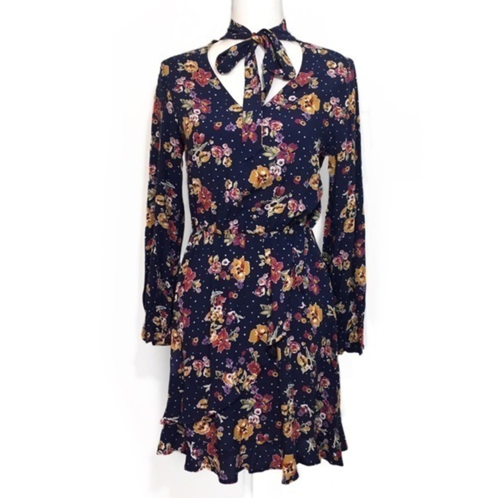 CLEARANCE NEW Navy Blue Floral Long Sleeved Dress Pussybow